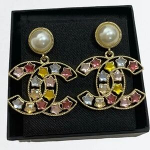 Chanel Multicolor Crystal CC Star Earrings 25P Gold Tone